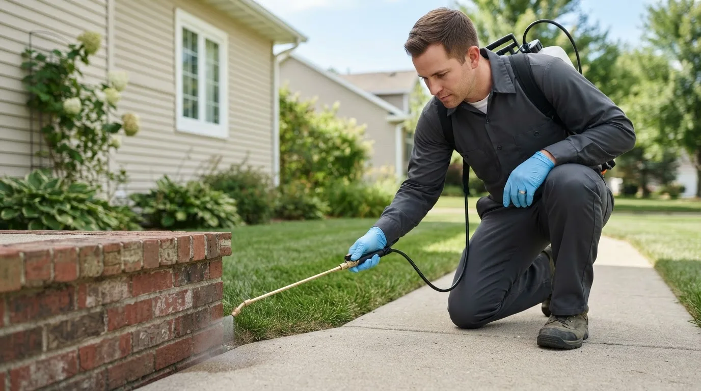 Pest control technician treating a home near Freedom, NH